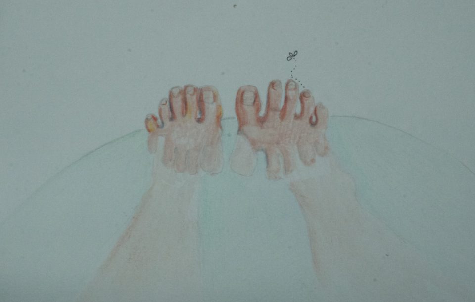 Toes turns into amoebic creatures in the bath tub.